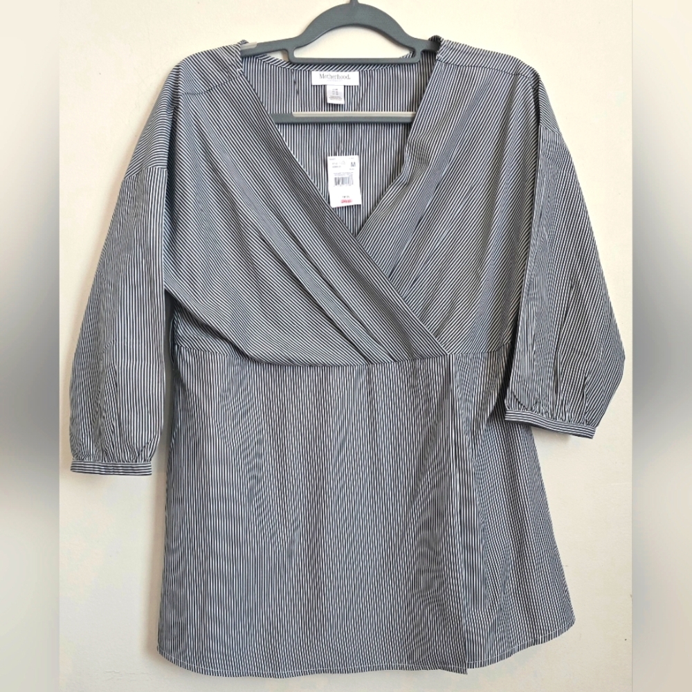 Women's Motherhood Maternity Black / White Striped Faux Wrap Blouse NWT Medium